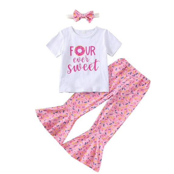 Toddler Baby Girls Birthday Outfits Sweet Three/Four/Fiove Sweet Romper Shirts Doughnut Flared Pants Headband Set