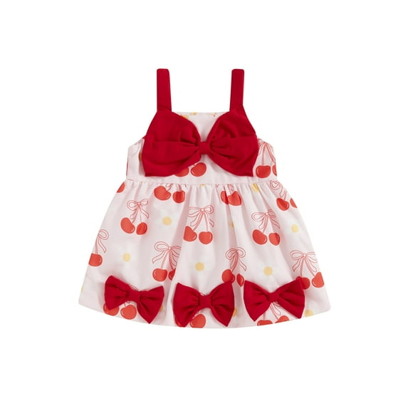 Toddler Baby Girls Bow Dress 6 12 18 24 Months 2T 3T Casual Summer Strawberry/Cherry/Bow Print Sleeveless Dress for Beach Party Cute Clothes