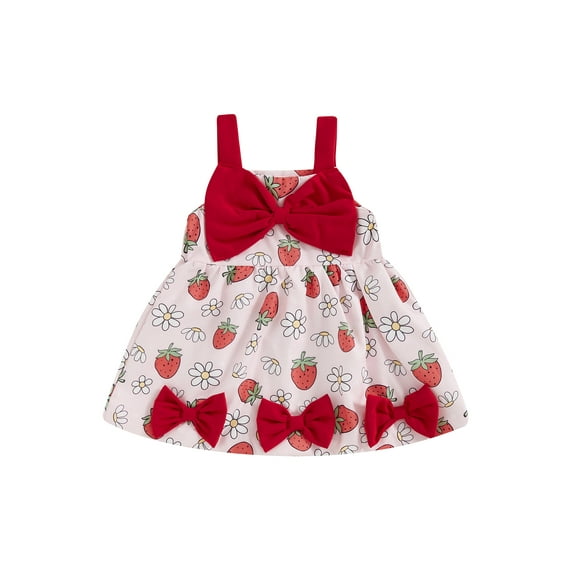 Toddler Baby Girls Bow Dress 6 12 18 24 Months 2T 3T Casual Summer Strawberry/Cherry/Bow Print Sleeveless Dress for Beach Party Cute Clothes