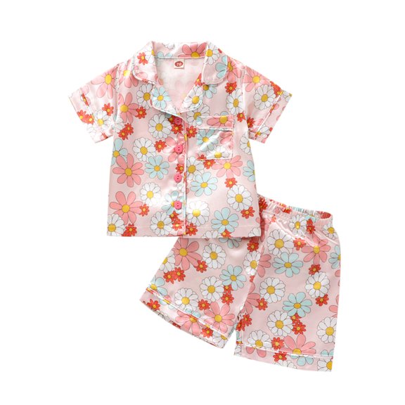 Toddler Baby Girls Boys 2Pcs Silk Pajamas Set 12M 18M 24M 3Y 4Y 5Y 6Y Summer Short Sleeve Lapel Button Shirt Shorts Set Sleepwear