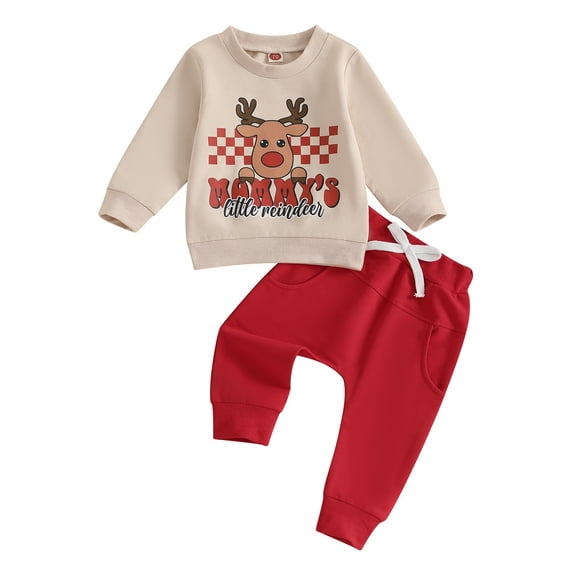 Toddler Baby Girls Boys Christmas Clothing Sets 0 6 12 18 24 Months 2T 3T Candy/Reindeer Letter Print Long Sleeve Sweatshirt Pocket Long Pants Outfits