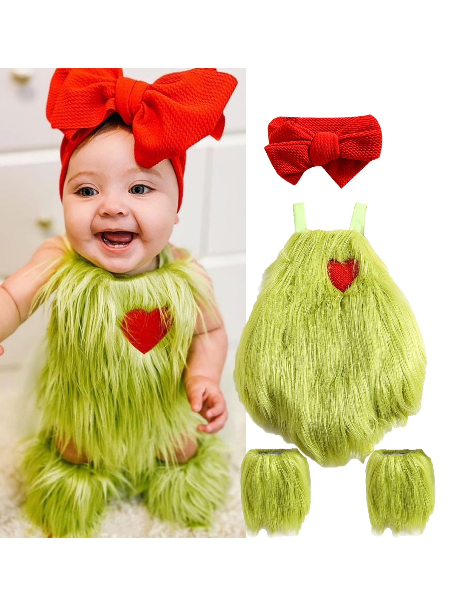 Toddler Baby Girls Boys Halloween Christmas Costume Green Furry Monster Outfit Sleeveless Romper
