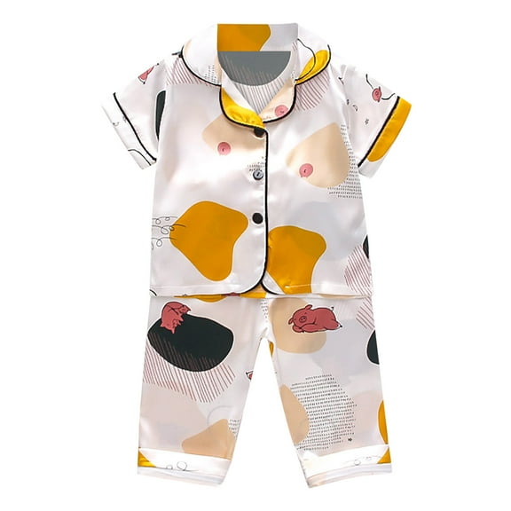Toddler Baby Girls Boys Pajamas Kids Satin Short Sleeve Cartoon Button Down Shirt Tops + Long Pants Silk Sleepwear Outfits Loungewear Set Size 2-3T