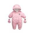 thumbnail image 1 of Toddler Baby Girls Boys Sherpa Lined Fleece Warm Thicken Winter Cartoon Bear Applique Pattern Hooded Long Sleeve Romper + Gloves, 1 of 9