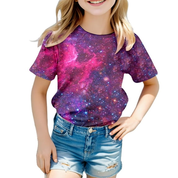 Toddler Baby Girls Boys Short Sleeve Shirts 3D Galaxy Print Short Sleeve Outfits Clothes Comfortable Loose Children's Clothing,Purple,8-9 Years