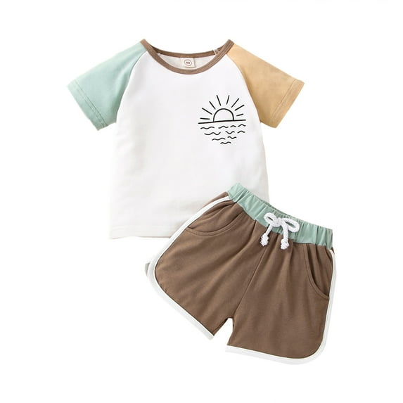 Toddler Baby Girls Boys Summer Clothes Outfit Sun Printed Set Short Sleeve Crewneck T-Shirt Patchwork Shorts Set 9M 12M 24M 3Y 4Y