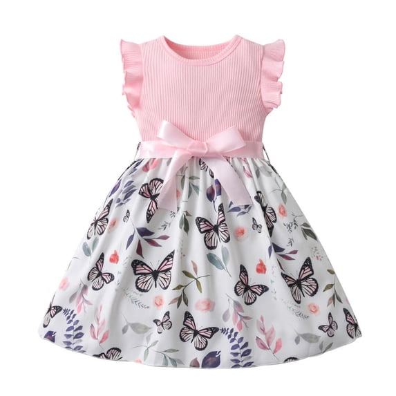 Toddler Baby Girls Casual Dresses Butterfly Floral Ruffled Princess Seaside Beach Dress Outfits Pink 18-24 Months