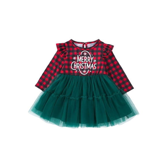 Toddler Baby Girls Christmas Dress 6 9 12 18 24 Months 2T 3T Letter Plaid Print Layered Mesh Patchwork Round Neck Long Sleeve Dress Casual Princess Dresses