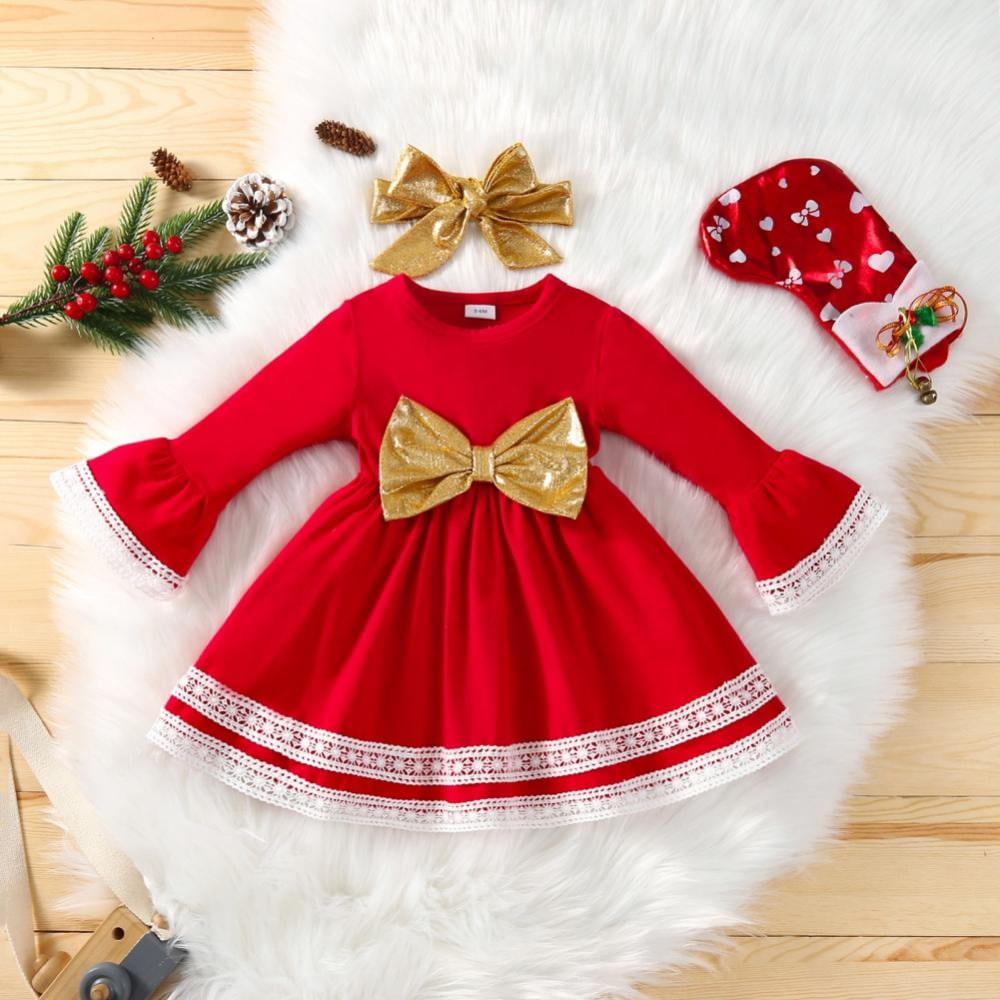 Toddler Kids Baby Girls Christmas Plaids Bowknot Princess Short Sleeve  Dress Party Xmas Dresses