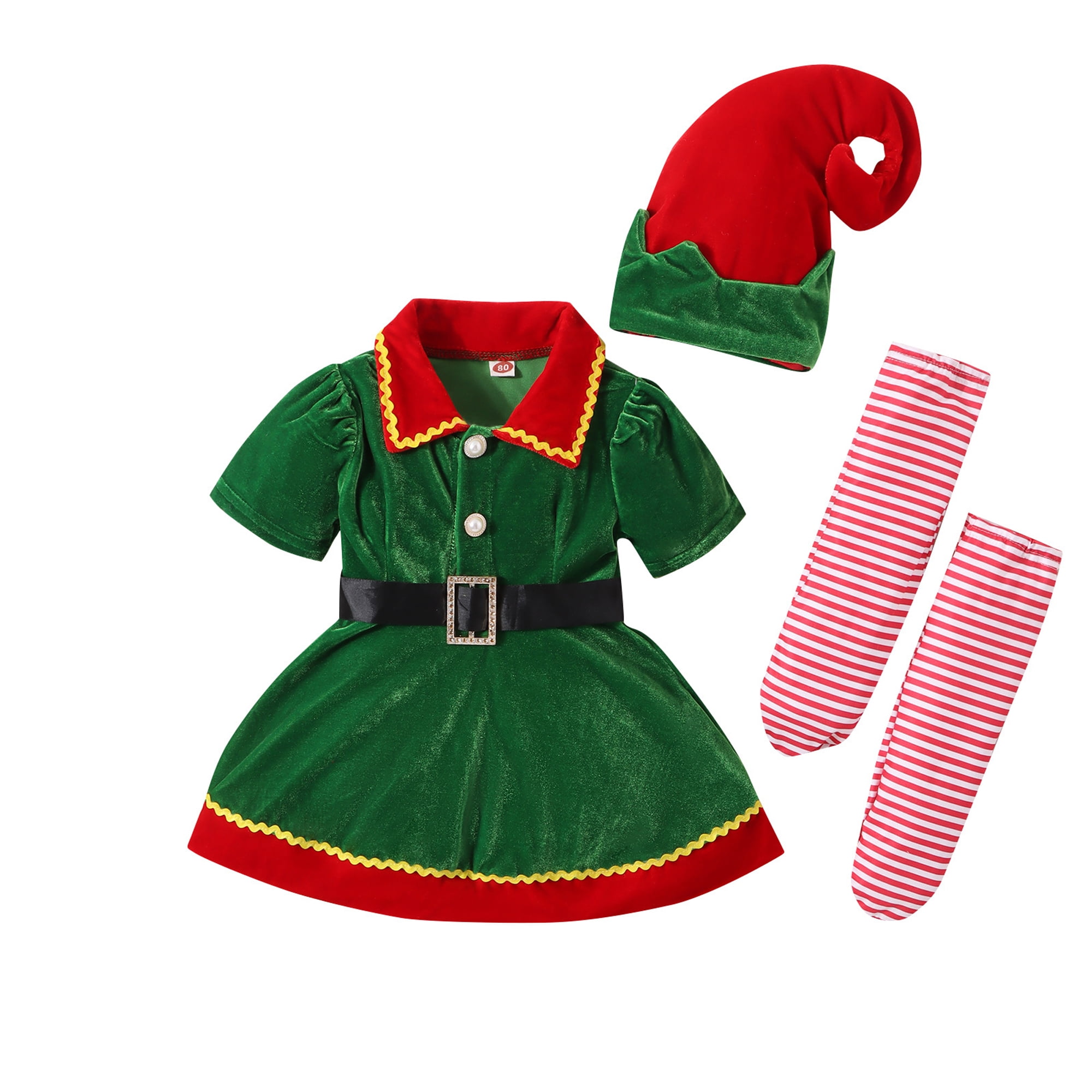 Toddler Baby Girls Christmas Elf Costume Santa's Helper Costume Xmas Clothes Top Stockings Hat