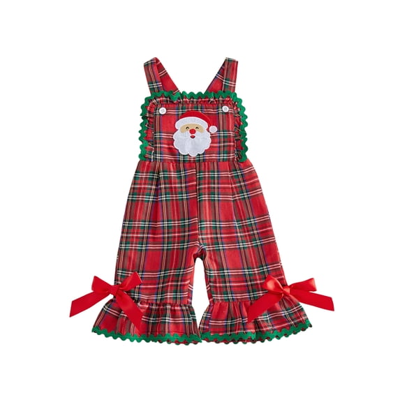 Toddler Baby Girls Christmas Overalls Santa Claus Embroidery Sleeveless Strap Plaid Bell Bottoms Romper Jumpsuit 1-5T Cute Clothes