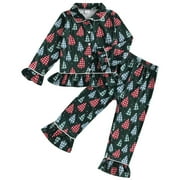 LOUATUI Toddler Baby Girls Christmas Pajamas Set Candy Cane/Bow Print Shirts Tops Long Pants 2 Pieces Lounge Suit Sleepwear