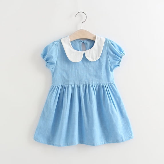 Toddler Baby Girls Classic Peter Pan Collar Short Sleeve Button Front A-Line Dress for School Casual Wear 18-24 Months