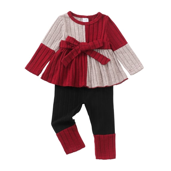 Toddler Baby Girls Clothes 12-18 Months Girls Fall Winter Outfits Girls Long Sleeve Color-blocked Top Pants 2PCS Set Red