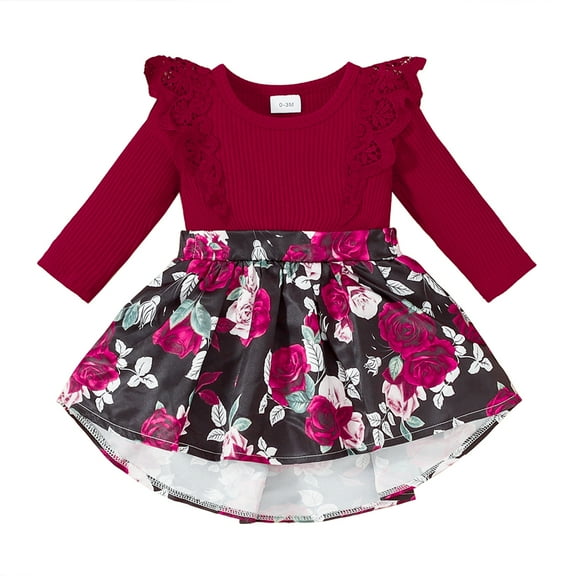 Toddler Baby Girls Clothes 12 Months Baby Girls Dress 18 Months Girls Long Sleeve Round Neckline Floral Dress Red