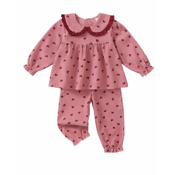 Toddler Baby Girls Clothes 12 Months Girls Fall Outfits 18 Months Girls Long Sleeve Peter-pan Collar Heart Print Top Pants 2PCS Set Red