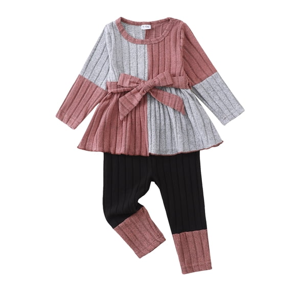 Toddler Baby Girls Clothes 18-24 Months Girls Fall Winter Outfits Girls Long Sleeve Color-blocked Top Pants 2PCS Set Pink
