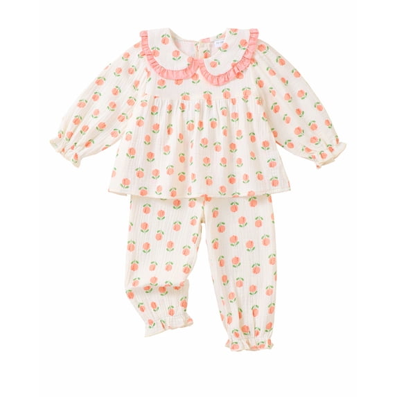 Toddler Baby Girls Clothes 18 Months Girls Fall Outfits 24 Months Girls Long Sleeve Peter-pan Collar Floral Top Pants 2PCS Set Apricot