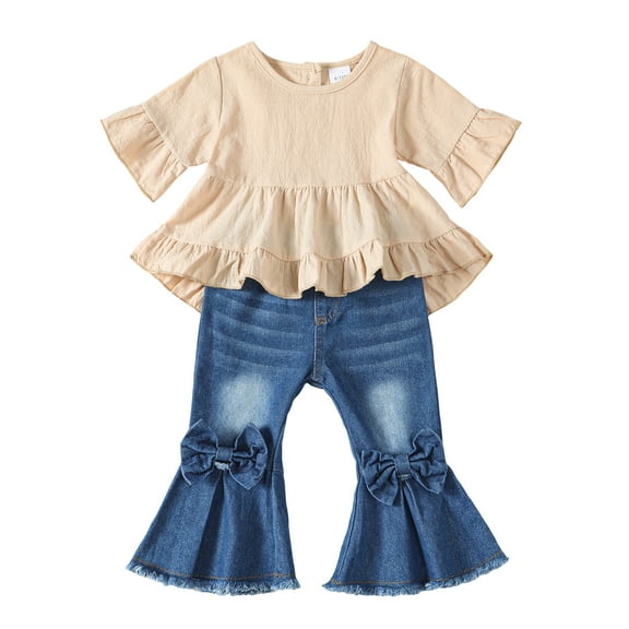 Toddler Baby Girls Clothes 18 Months Girls Outfits 24 Months Girls Short Sleeve Round Neckline Top Jeans Pants 2PCS Girls Clothing Set Apricot