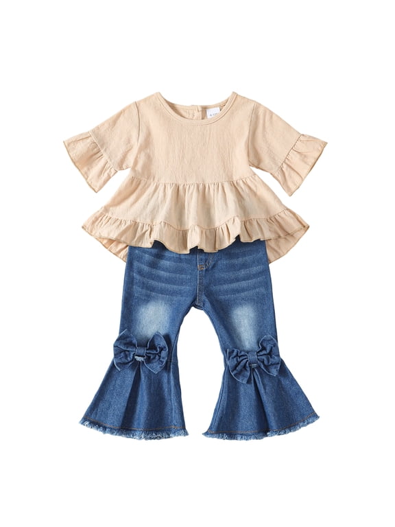 Toddler Baby Girls Clothes 18 Months Girls Outfits 24 Months Girls Short Sleeve Round Neckline Top Jeans Pants 2PCS Girls Clothing Set Apricot