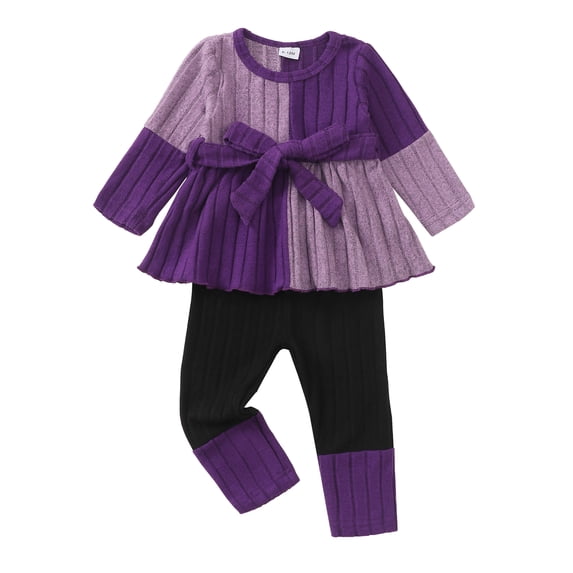 Toddler Baby Girls Clothes 2-3T Girls Fall Winter Outfits Girls Long Sleeve Color-blocked Top Pants 2PCS Set Purple