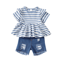Toddler Baby Girls Clothes 2T 3T Girl Fall Spring Clothing Denim Shorts Sets Blue Striped Ruffle Short Sleeve T-Shirt Summer Outfits