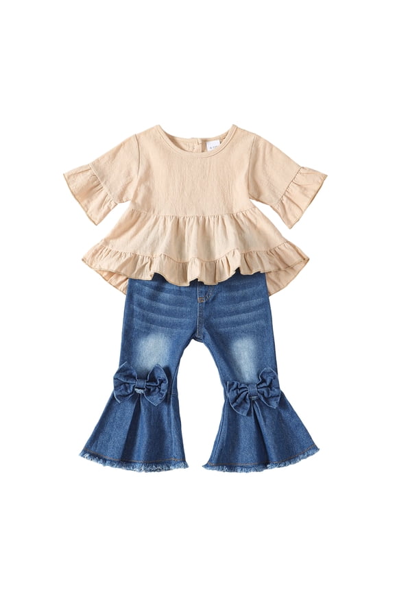Toddler Baby Girls Clothes 2T Girls Outfits 3T Girls Short Sleeve Round Neckline Top Jeans Pants 2PCS Girls Clothing Set Apricot