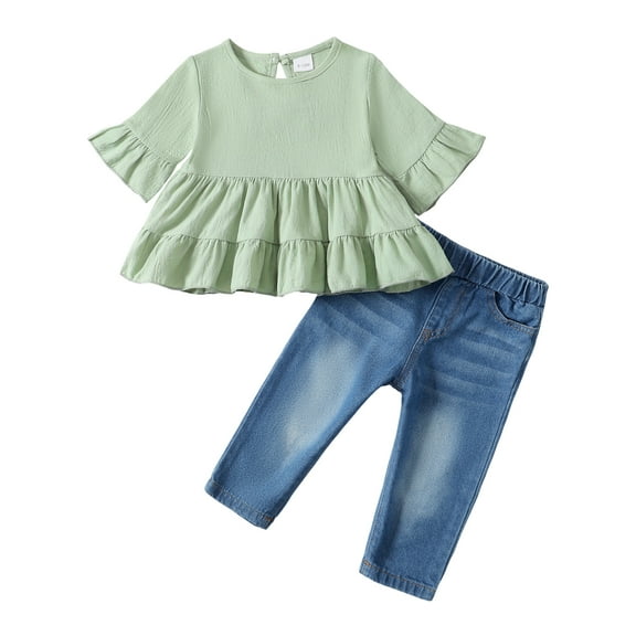 Toddler Baby Girls Clothes 2T Girls Outfits 3T Girls Short Sleeve Solid Color Top Jeans Pants 2PCS Girls Clothing Set Green