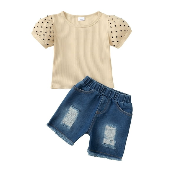 Toddler Baby Girls Clothes 3T Girls Outfits 4T Girls Short Sleeve Top Denim Shorts 2PCS Summer Clothing Set Apricot