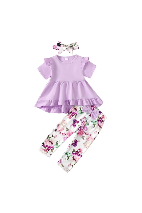 Toddler Baby Girls Clothes 3T Girls Outfits 4T Girls Short Sleeve Top Floral Pants Headband 3PCS Girls Clothing Set Purple