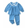 thumbnail image 1 of Toddler Baby Girls Clothes 4T Girls Fall Outfits 5T Girls Long Sleeve Peter-pan Collar Floral Top Pants 2PCS Set Blue, 1 of 6
