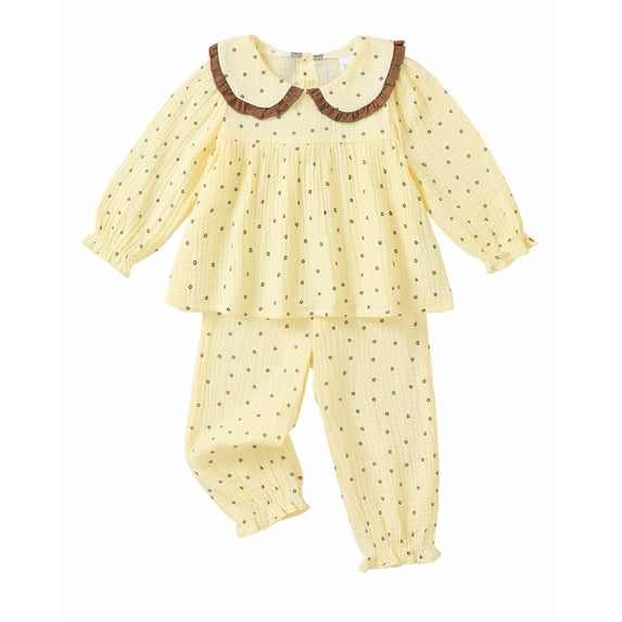 Toddler Baby Girls Clothes 4T Girls Fall Outfits 5T Girls Long Sleeve Peter-pan Collar Flower Print Top Pants 2PCS Set Yellow