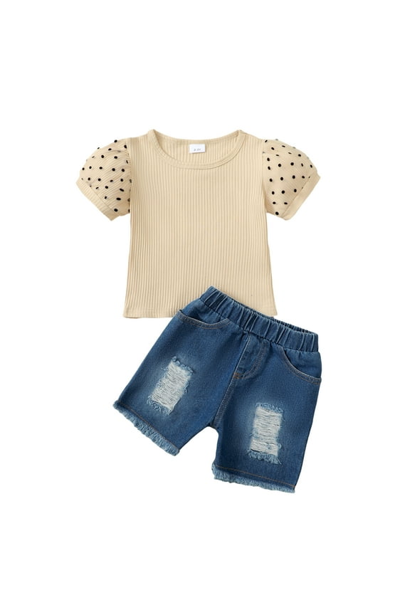 Toddler Baby Girls Clothes 4T Girls Outfits 5T Girls Short Sleeve Top Denim Shorts 2PCS Summer Clothing Set Apricot