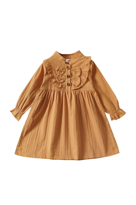 Toddler Baby Girls Clothes 5T Girls Dress 6T Girls Long Sleeve Solid Color Dress Brown