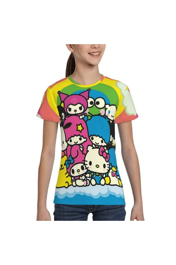 Toddler Baby Girls Clothes,Kuromi Melody Hello-Kitty and Friends Neon Short Sleeve Graphic Print T-Shirt Top Cotton Tee 6-18 Years,L