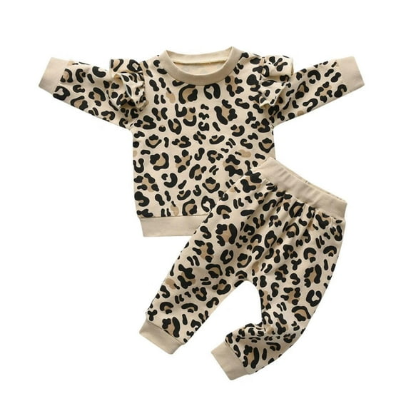 Toddler Baby Girls Clothes Leopard Print Tops Leopard Pants Outfits Set Beige 12-18 Months