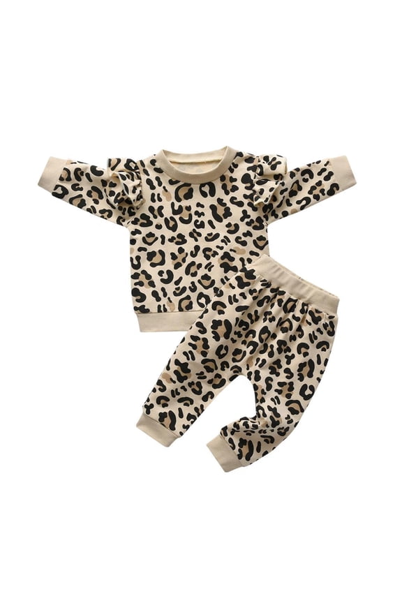 Toddler Baby Girls Clothes Leopard Print Tops + Leopard Pants Outfits Set Beige 12-18 Months