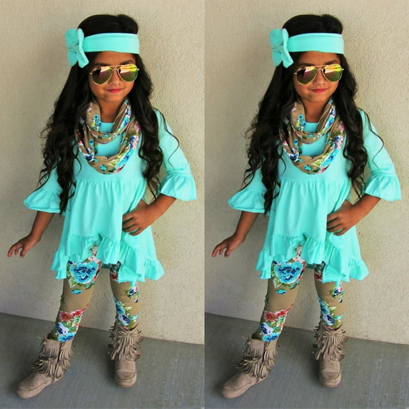 Toddler Baby Girls Clothes Long Sleeve Tops Dress Floral Pants Outfits 1-6T Green 5-6 Years