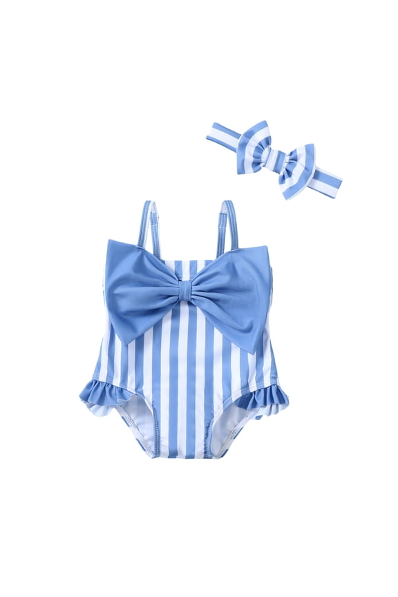 Toddler Baby Girls Clothes Baby Girls One-piece Swimsuit Sleeveless Suspender Cute Bowknot 18-24 Months Girls Summer Stripe Swimwear Headband Set Blue