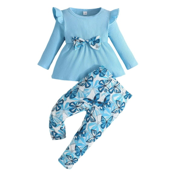 Toddler Baby Girls Clothes Outfits Set Ruffles Long-Sleeve Butterfly Printed Shirt Top Pants Trendy Leisure Casual Baby Girl Outfit,Blue,2-3 Years