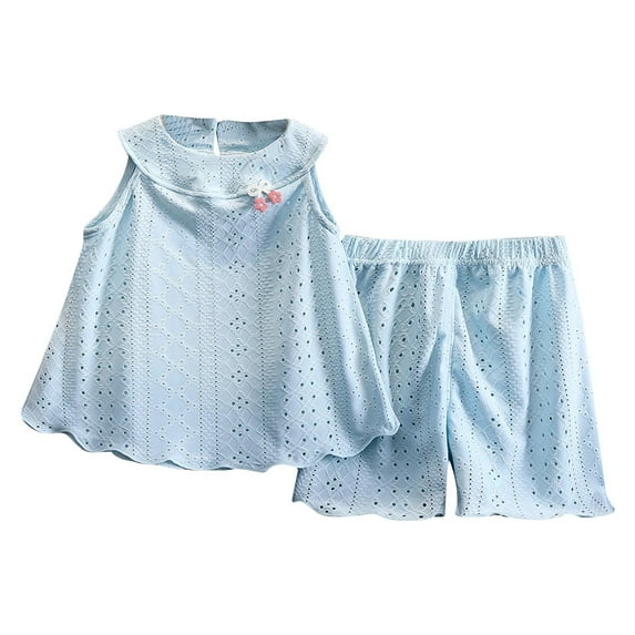 Toddler Baby Girls' Clothes Set Summer Hollow Out Sleeveless Top And Pleated Shorts Set Kids 2-Piece Outfit Sets Size 0-10 Years