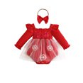thumbnail image 1 of Toddler Baby Girls Clothes Sets Letter Ruffled Long Sleeve Romper Dress with Hairband Kids Fall Winter Holidays Casual Lace Jumpsuit Dress 6-12 Months, 1 of 8