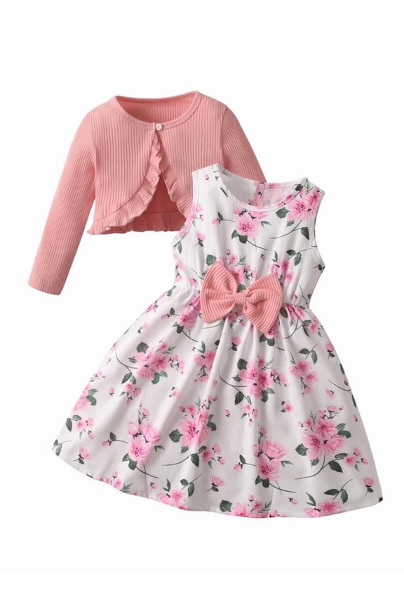 Toddler Baby Girls Clothes Solid Long Sleeve Tops + Sleeveless Floral Bow Dress Outfit Set Pink 2-3 Years