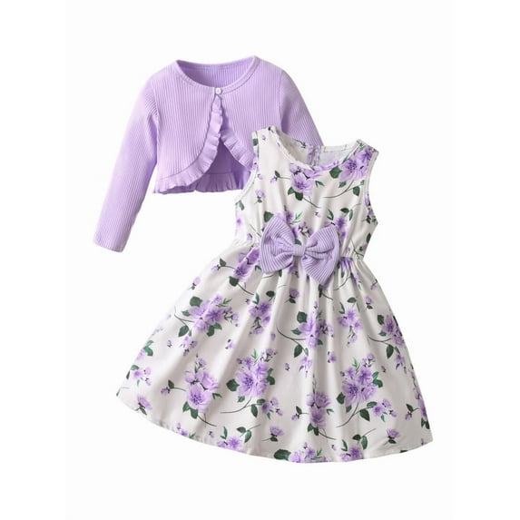 Toddler Baby Girls Clothes Solid Long Sleeve Tops + Sleeveless Floral Bow Dress Outfit Set Purple 5-6 Years