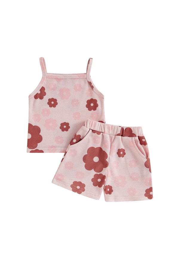 Toddler Baby Girls Clothes Summer Outfits Floral Print Bow Camisole Top Casual Shorts 2-piece Summer Clothing Set Red 18-24 Months