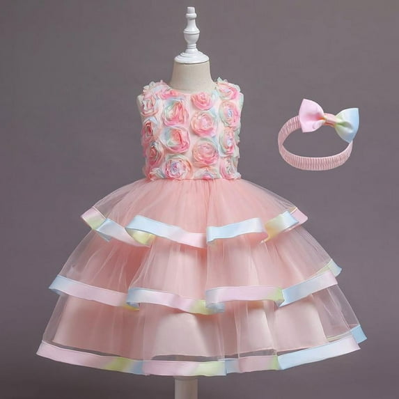 Toddler Baby Girls Colorful Floral Tutu Gown Dress Party Evening Wedding Christmas Dance Dresses with Headwear