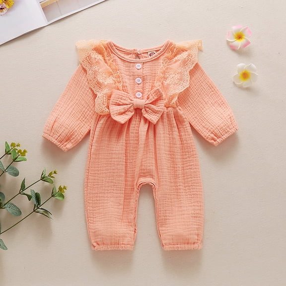 Toddler Baby Girls Cotton Long Sleeve Lace Bow Solid Color Comfortable Jumpsuit Romper Girl'S Workout Leggings Lightweight Red Softball Pants Athletic Leggings Girl High Waist
