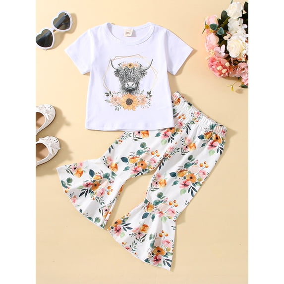 Toddler Baby Girls Cow Print Bell Bottoms Outfits Short Sleeve T Shirt Tops Cowgirl Summer 2Pcs Sets (Cow Flower White, 3-4 Years)
