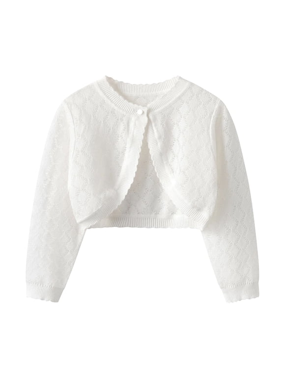 Toddler Baby Girls Cropped Knitted Shrug Cardigan Fashion Long Sleeve Sweaters Kids Hollow Out Shawl Sweater Top 6Months-9Years ,White ,6 Years