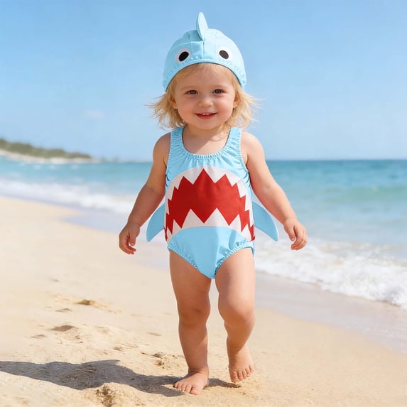 Toddler Baby Girls Cute 3D Cartoon Shark One Piece Swimsuit Sleeveless High Elastic Beach Bathing Suit 1-4Y Blue
